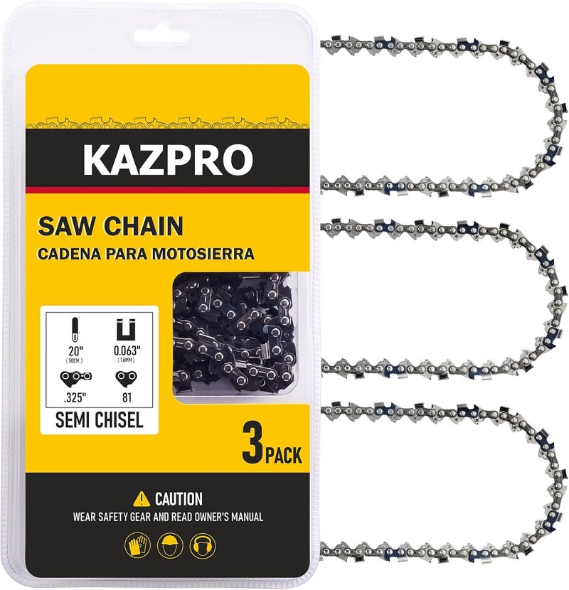 KAZPRO 20 Inch Chainsaw Chain 81 Drive Links, .325" Pitch, 063" Gauge, Low kickback, Lubrication System Chainsaw Blade fits MS260 MS261 MS270 MS271 MS290 026 028 036, V81 22LPX081G, 26RM3 81 (3 Pack) - Image 1